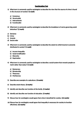 Functionalism Test - AQA GCSE Sociology 9-1