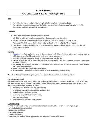 EYFS Assessment and Tracking Policy