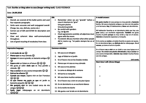 MFL writing: whole class feedback sheet