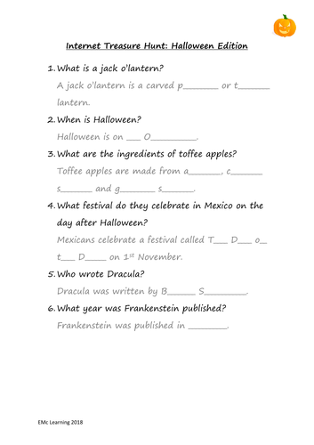 Halloween Internet Treasure Hunt Differentiated End of Term Cover Lesson suitable SEN Special Needs