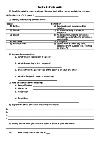 Coming by Philip Larkin worksheet for GCSE