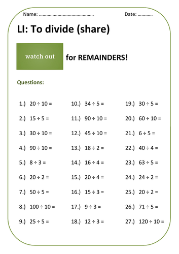 divide with without remainders worksheet teaching resources