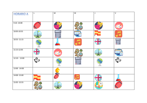 Horarios colegio. School subjects. timetable