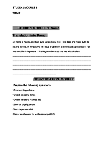 Studio 1 Module 1  French assessments/ revision for tests.
