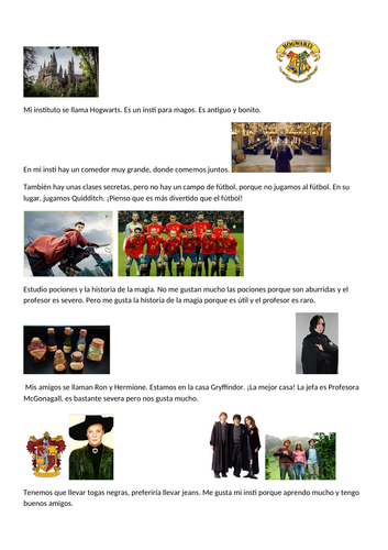 Hogwarts Spanish reading comprehension with questions