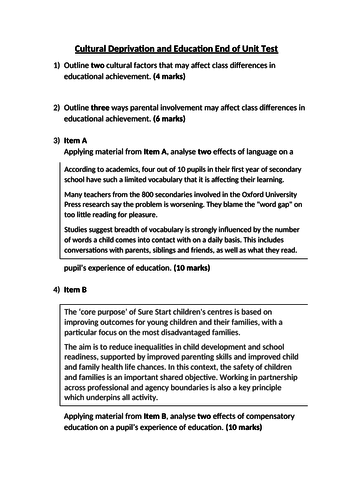 AQA Sociology A Level - Cultural Deprivation and Class End of Unit Test