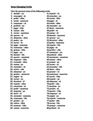 stem changing verbs in spanish worksheet 1 teaching resources