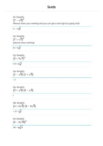 Surds Maths GCSE on-line interactive exercise