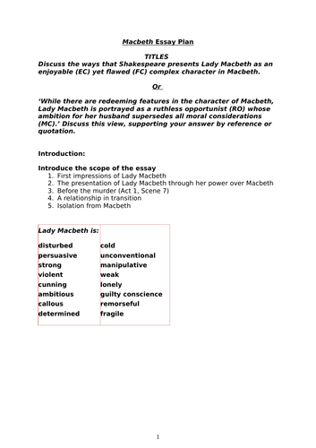 Lady Macbeth Essay Workbook