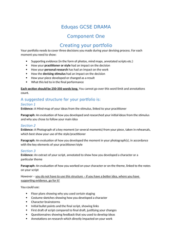 Eduqas/WJEC 9-1 GCSE Drama Component 1 - Devising Writing Frames - Portfolio, Evaluation and Notes