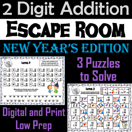 Double Digit Addition With and Without Regrouping: New Year's Escape Room Math