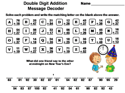 Double Digit Addition With Regrouping New Year's Math Activity: Message Decoder