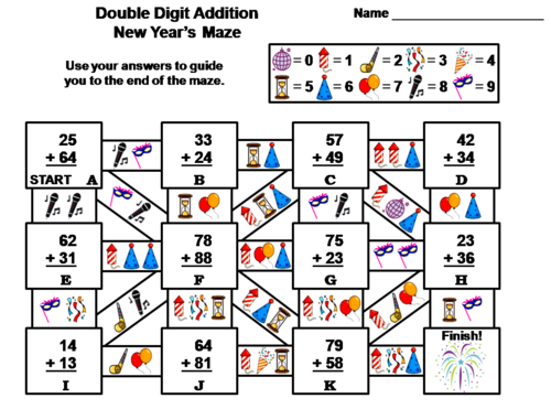 Double Digit Addition With and Without Regrouping New Year's Math Maze