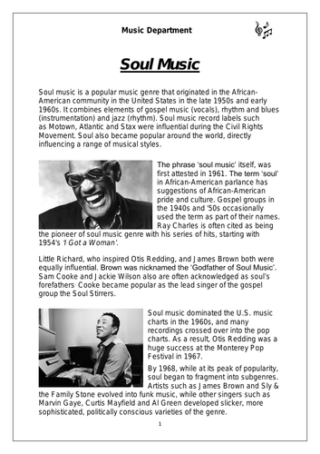KS3 Music Cover Resource - Soul worksheet