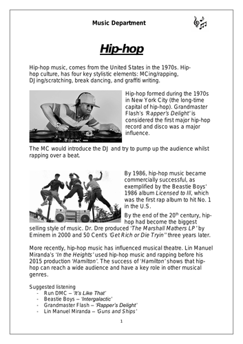 KS3 Music Cover Resource - Hip-hop worksheet (differentiated for lower sets)