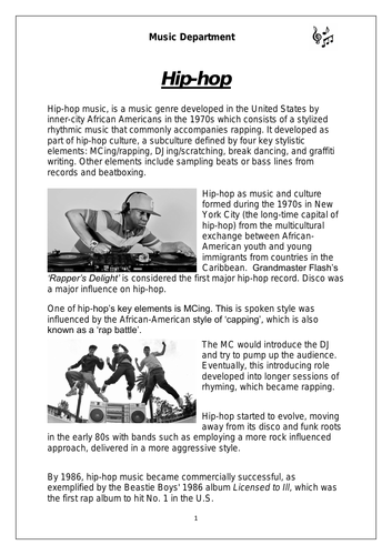 KS3 Music Cover Resource - Hip-hop worksheet (for middle sets)