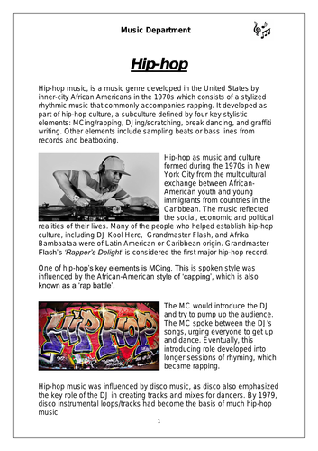 KS3 Music Cover Resource - Hip-hop worksheet