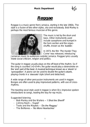 KS3 Music Cover Resource – Reggae worksheet (differentiated for lower sets)