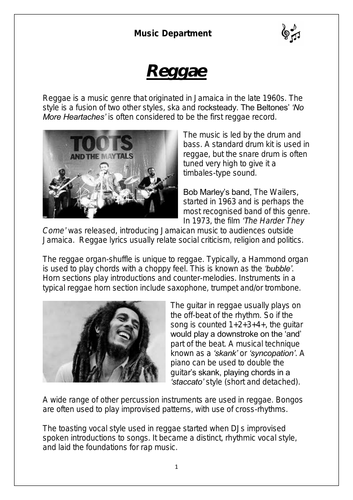KS3 Music Cover Resource – Reggae worksheet (for middle sets)