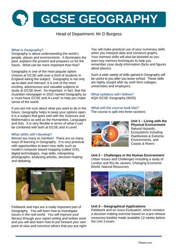 Gcse Geography Options Page Part Of A Year 9 Options Booklet Teaching Resources