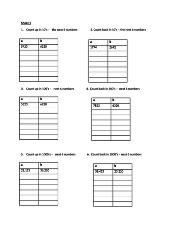 count forwards or / and backwards in steps of powers of 10 - worksheets & challenges - Y5