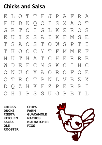 Chicks and Salsa Word Search and Coloring Page