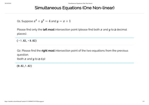 Simultaneous Equations (One non-linear) GCSE grades 7-9
