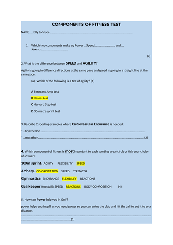 Question tasks for components of fitness