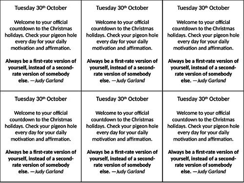 Motivational quotes for staff, pigeon hole treats, wellbeing