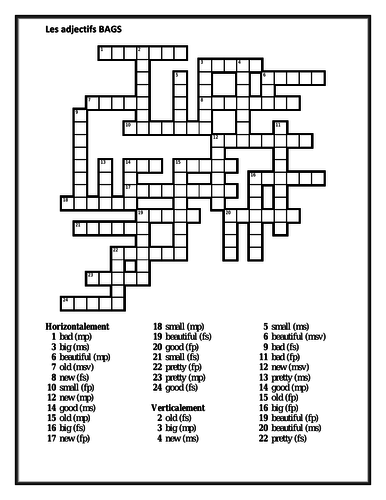 Adjectifs (French Adjectives) BAGS Crossword