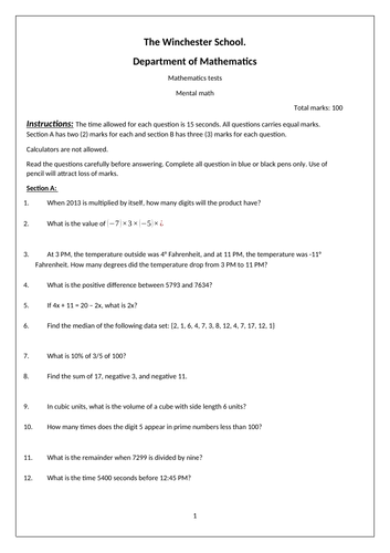 Mental maths questions