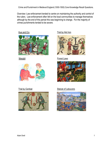 Crime and Punishment in Medieval England (1000-1500) Core Knowledge Recall Questions.