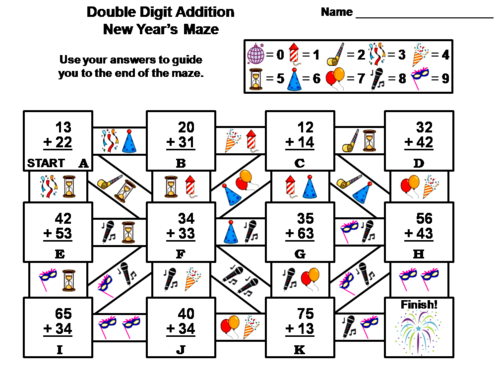 Double Digit Addition Without Regrouping New Year's Math Maze