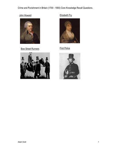 Crime and Punishment in Britain (1700 - 1900) Core Knowledge Recall Questions.