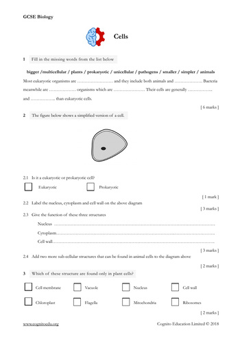 gcse biology 9 1 cells worksheet teaching resources