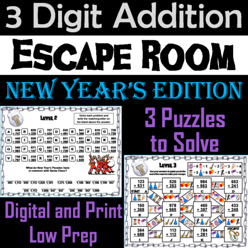 Triple Digit Addition With and Without Regrouping Game: New Year's Escape Room