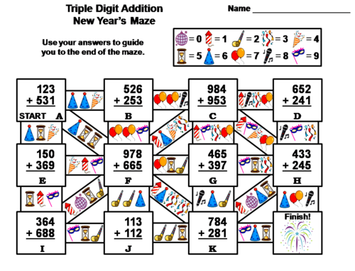 Triple Digit Addition With Regrouping New Year's Math Maze | Teaching