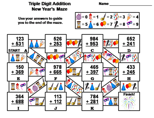 Triple Digit Addition With Regrouping New Year's Math Maze