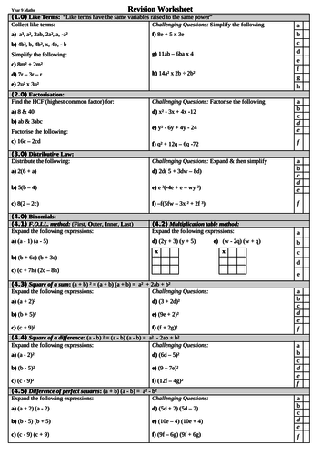 KS3 Year 9 Maths Revision Algebra Worksheet