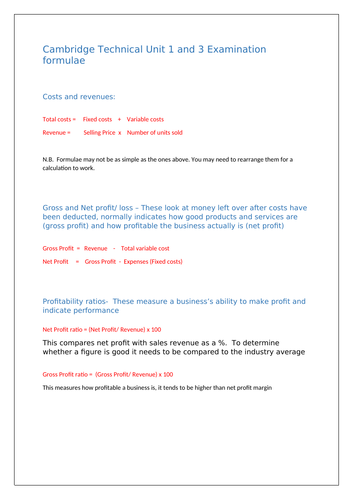 Cambridge Technicals Unit 1 and 3 Business Studies Formulae sheet