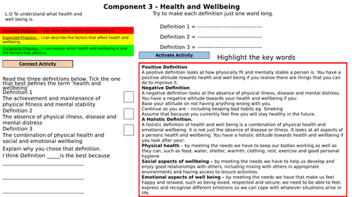 Health and well being lesson Component 3 BTEC H&SC