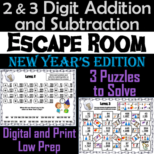2 and 3 Digit Addition and Subtraction W& WO Regrouping Escape Room New Year's