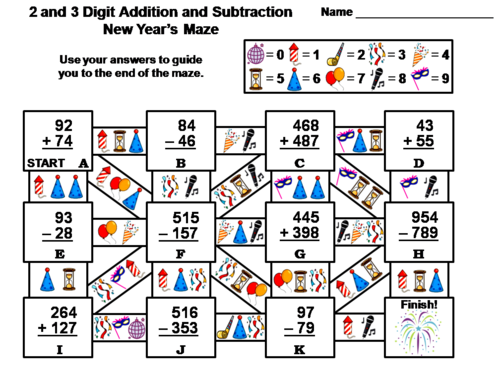 2 and 3 Digit Addition and Subtraction With Regrouping New Year's Math Maze