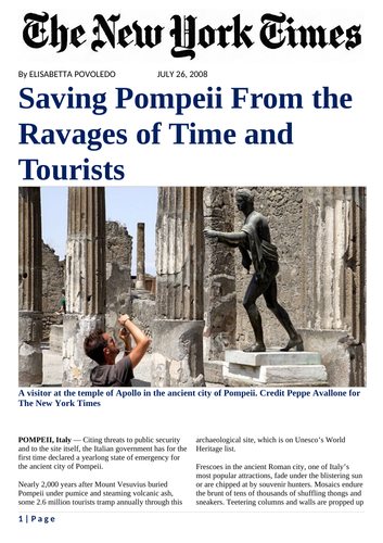 Newspaper article: Saving Pompeii from the ravages of time and tourists