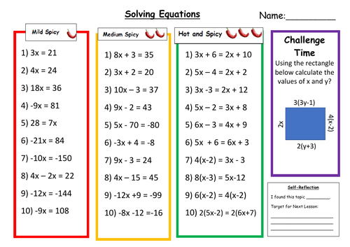 Solving Equations Differentiated Worksheet w/ Answers