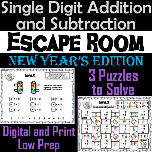 Single Digit Addition and Subtraction Game: New Year's Escape Room Math