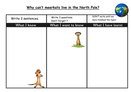 KS1 WHY CAN'T-MEERKATS LIVE IN THE NORTH POLE TOPIC LEARNING CHALLENGE KWL GRID