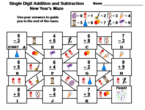 Single Digit Addition and Subtraction New Year's Math Maze
