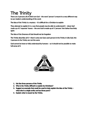 Trinity - Christian Beliefs worksheet