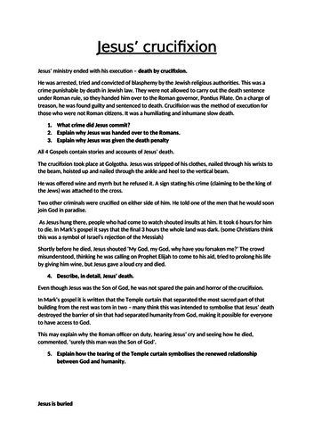 Crucifixion of Jesus worksheet AQA 9-1 Ideal for Home Learning